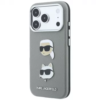 Karl Lagerfeld KF003253 apvalks Saffiano ar Karl & Choupette Heads Pins un logotipu, iPhone 18 Pro / 17 Pro, pelēks