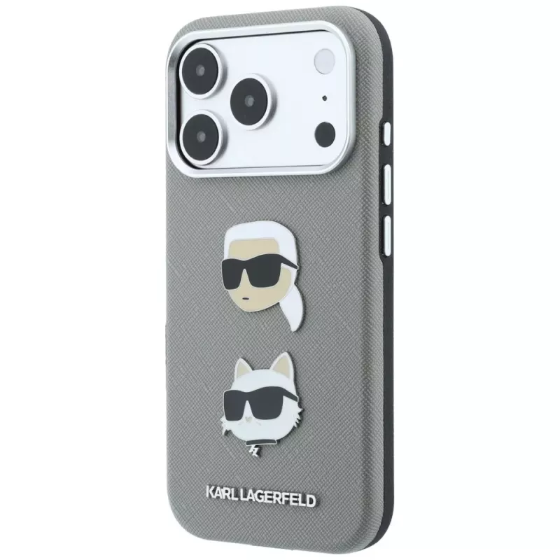 Karl Lagerfeld KF003253 apvalks Saffiano ar Karl & Choupette Heads Pins un logotipu, iPhone 18 Pro / 17 Pro, pelēks