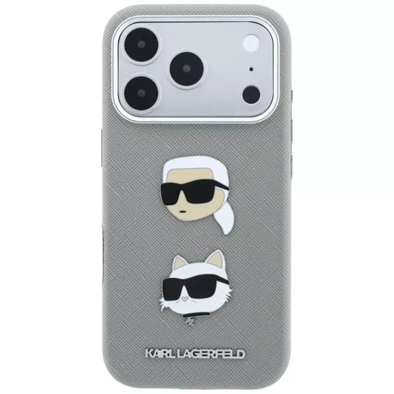 Karl Lagerfeld KF003253 apvalks Saffiano ar Karl & Choupette Heads Pins un logotipu, iPhone 18 Pro / 17 Pro, pelēks
