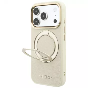 Guess GUE005667 Ring Stand 360 Grained Classic Logo MagSafe aizsargvāciņš iPhone 18 Pro / 17 Pro, bēšs