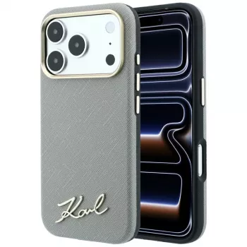 Karl Lagerfeld Saffiano Small Script Metal Logo MagSafe aizsargvāciņš iPhone 18 Pro / 17 Pro, bēšs
