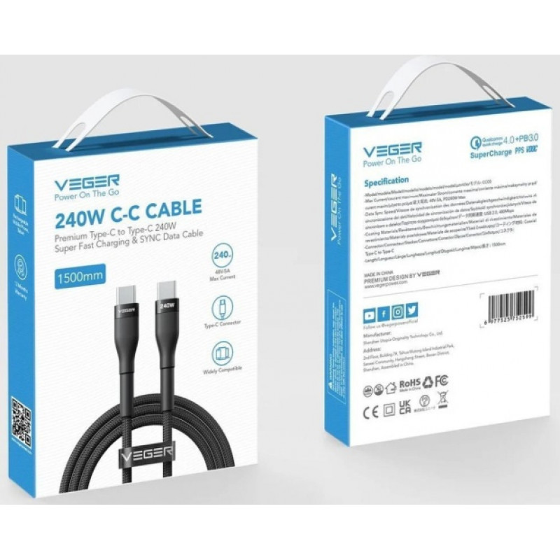 Veger CC03 USB-C uz USB-C vads, PD 48 V 5 A 240 W, 1,5 m, melns