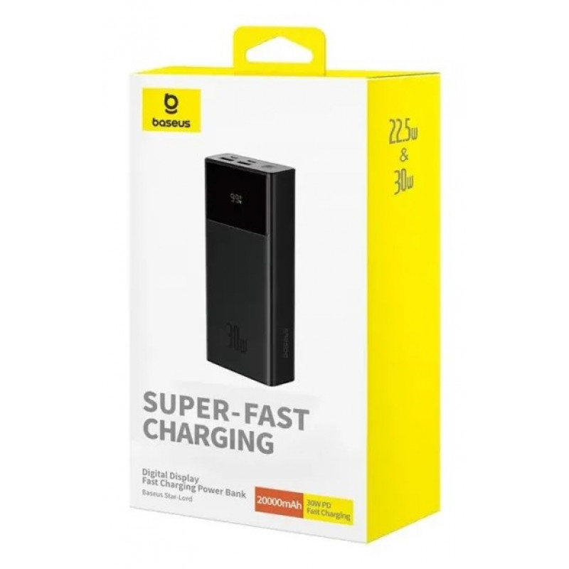 Baseus Star-Lord ārējais akumulators 20000 mAh, 30 W, ar displeju un vadu, melns