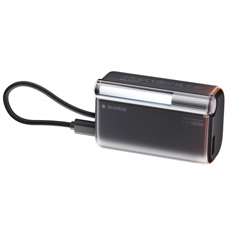 SHARGE Flow 3 pārnēsājamais lādētājs, 10 000 mAh, 45 W PD, USB-C kabelis, melns