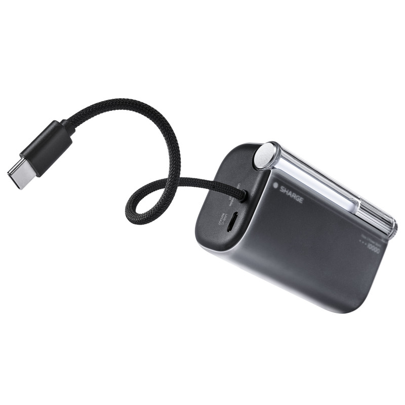 SHARGE Flow 3 pārnēsājamais lādētājs, 10 000 mAh, 45 W PD, USB-C kabelis, melns