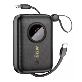 Dudao DDA344 portatīvā uzlādes baterija 10 000 mAh, PD 22,5 W, ar iebūvētu vadu, melna