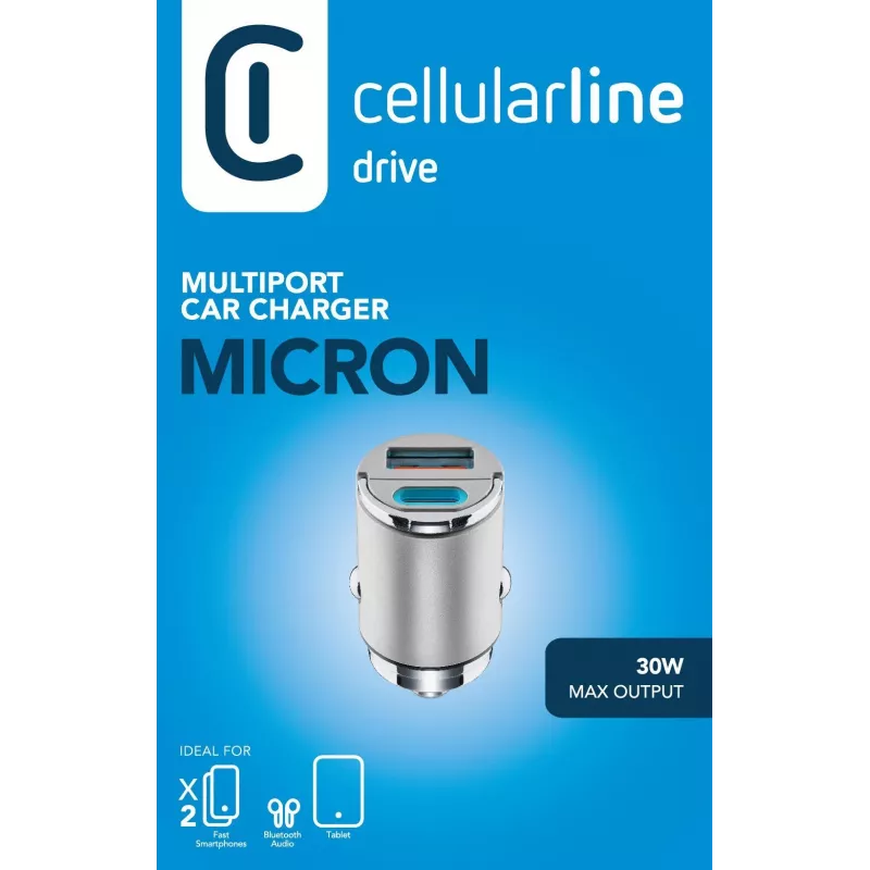 Cellularline Micron 30 W automašīnas lādētājs, vairāku portu USB-C/USB-A