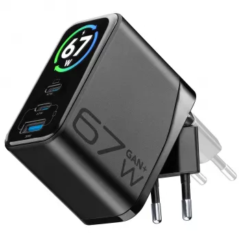 Cellularline TFT Multiport Charger 67 W GaN ātrās uzlādes lādētājs, 2 x USB-C, 1 x USB-A