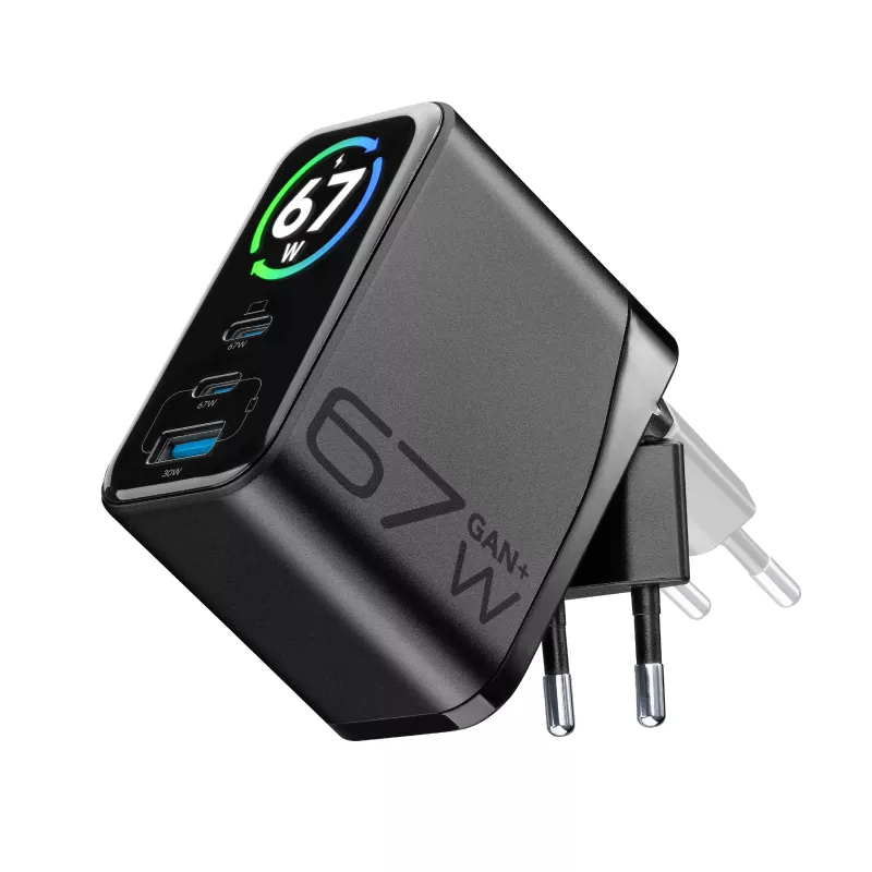 Cellularline TFT Multiport Charger 67 W GaN ātrās uzlādes lādētājs, 2 x USB-C, 1 x USB-A