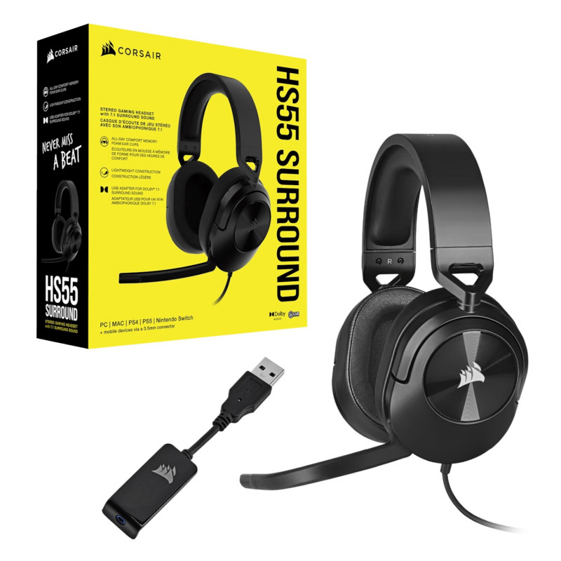 Corsair HS55 Surround CA-9011260-AP vadu austiņas ar mikrofonu spēlēm, Dolby Audio 7.1, oglekļa melnas