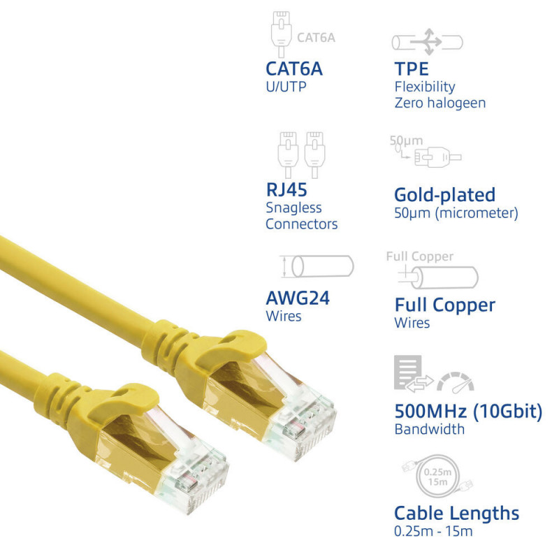 ACT FC1801 U/UTP CAT6A TPE īpaši elastīgs tīkla kabelis ar RJ45 savienotājiem, 1 m, dzeltens