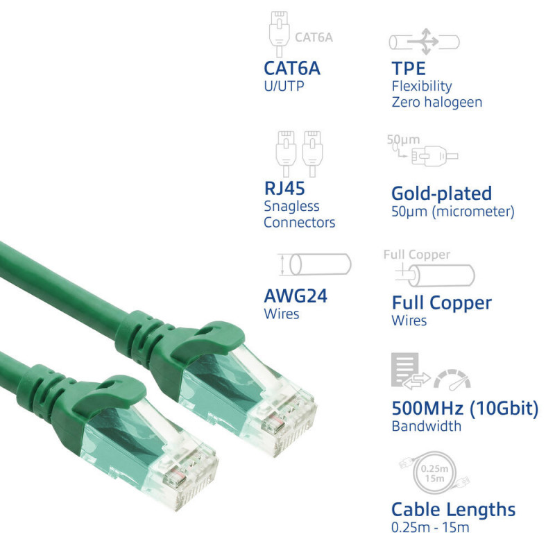 ACT FC1703 zaļš U/UTP CAT6A tīkla kabelis, TPE, īpaši lokans, RJ45, 3 m