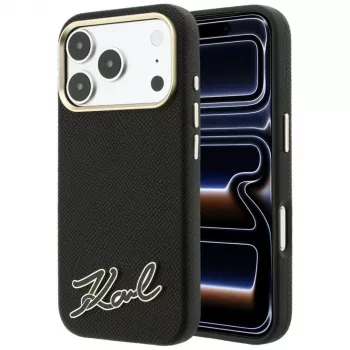 Karl Lagerfeld Grained with Resin Signature Logo MagSafe telefona vāciņš iPhone 18 Pro Max / 17 Pro Max, melns