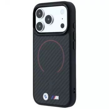 BMW BMW001265 M Kevlar Red Print Ring Metal Logo MagSafe vāciņš iPhone 18 Pro / 17 Pro, melns