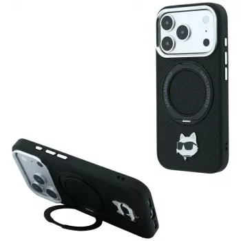 Karl Lagerfeld KF003216 Ring Stand 360 Choupette Head Pin MagSafe aizsargvāciņš iPhone 18 Pro Max / 17 Pro Max, melns