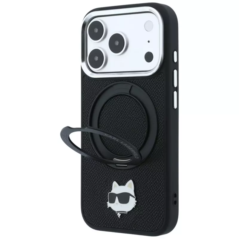 Karl Lagerfeld KF003216 Ring Stand 360 Choupette Head Pin MagSafe aizsargvāciņš iPhone 18 Pro Max / 17 Pro Max, melns
