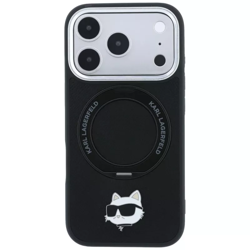 Karl Lagerfeld KF003216 Ring Stand 360 Choupette Head Pin MagSafe aizsargvāciņš iPhone 18 Pro Max / 17 Pro Max, melns