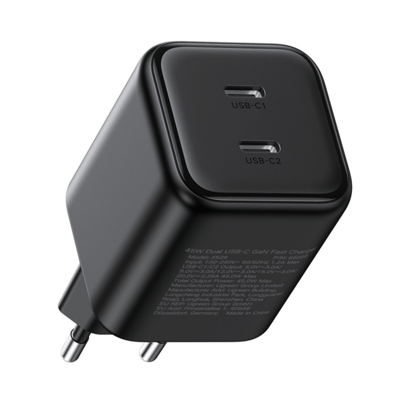 Ugreen X526 lādētājs 45 W, 2 x USB-C, GaN, melnā krāsā