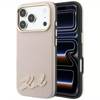 Karl Lagerfeld Grained with Resin Signature Logo vāciņš ar MagSafe iPhone 18 Pro Max / 17 Pro Max tālruņiem, rozā