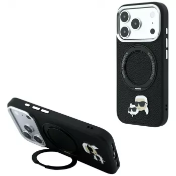 Karl Lagerfeld Ring Stand 360 Karl & Choupette Heads Pin vāciņš ar MagSafe iPhone 18 Pro / 17 Pro tālruņiem, melns