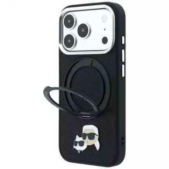 Karl Lagerfeld Ring Stand 360 Karl & Choupette Heads Pin vāciņš ar MagSafe iPhone 18 Pro / 17 Pro tālruņiem, melns