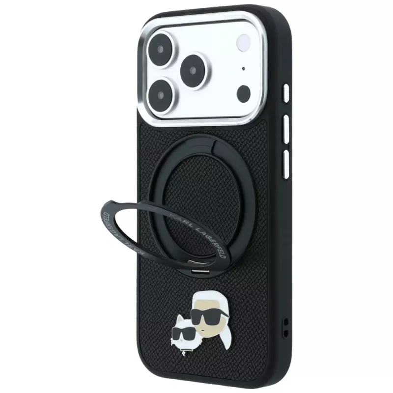 Karl Lagerfeld Ring Stand 360 Karl & Choupette Heads Pin vāciņš ar MagSafe iPhone 18 Pro / 17 Pro tālruņiem, melns