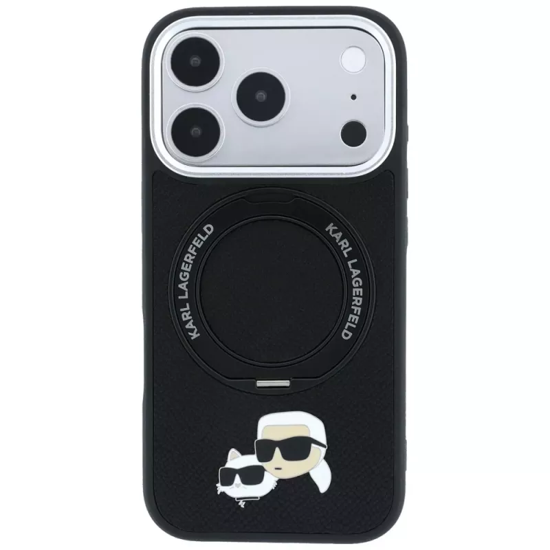 Karl Lagerfeld Ring Stand 360 Karl & Choupette Heads Pin vāciņš ar MagSafe iPhone 18 Pro / 17 Pro tālruņiem, melns