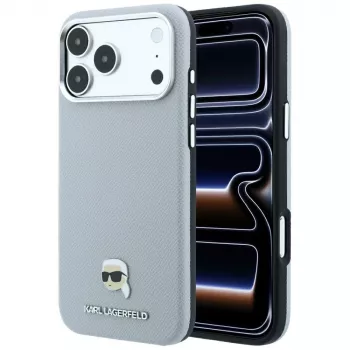 Karl Lagerfeld Grained Karl Head Metal vāciņš ar MagSafe iPhone 18 Pro / 17 Pro tālruņiem, pelēks