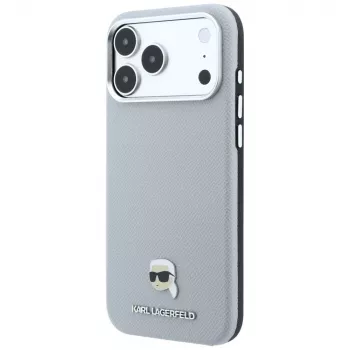 Karl Lagerfeld Grained Karl Head Metal vāciņš ar MagSafe iPhone 18 Pro / 17 Pro tālruņiem, pelēks