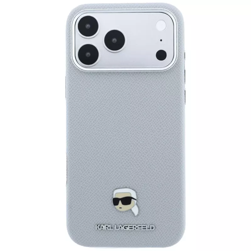 Karl Lagerfeld Grained Karl Head Metal vāciņš ar MagSafe iPhone 18 Pro / 17 Pro tālruņiem, pelēks