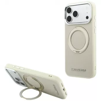 Karl Lagerfeld Ring Stand 360 Saffiano Classic Logo MagSafe apvalks iPhone 18 Pro Max / 17 Pro Max, bēšs