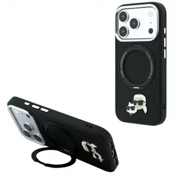 Karl Lagerfeld Ring Stand 360 Karl & Choupette Heads Pin MagSafe apvalks iPhone 18 Pro Max / 17 Pro Max, melns