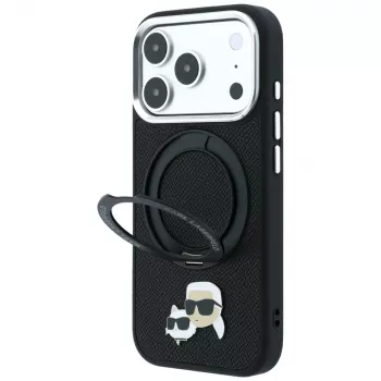 Karl Lagerfeld Ring Stand 360 Karl & Choupette Heads Pin MagSafe apvalks iPhone 18 Pro Max / 17 Pro Max, melns