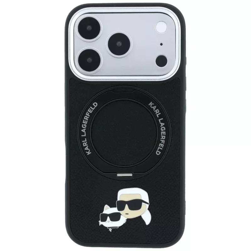 Karl Lagerfeld Ring Stand 360 Karl & Choupette Heads Pin MagSafe apvalks iPhone 18 Pro Max / 17 Pro Max, melns
