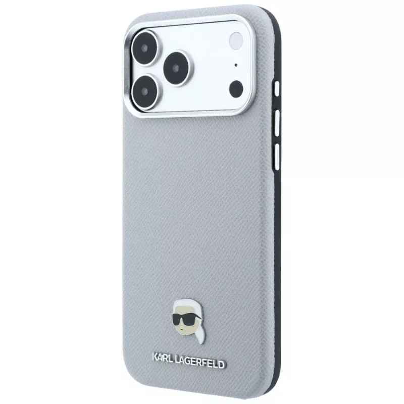 Karl Lagerfeld Grained Karl Head Metal MagSafe apvalks iPhone 18 Pro Max / 17 Pro Max, pelēks