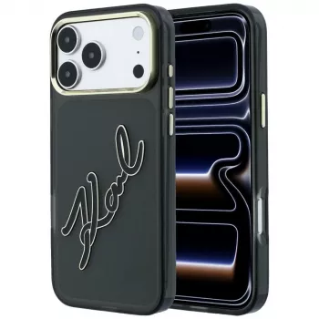 Karl Lagerfeld IML Big Signature Resin Metal Frame apvalks iPhone 18 Pro / 17 Pro, melns