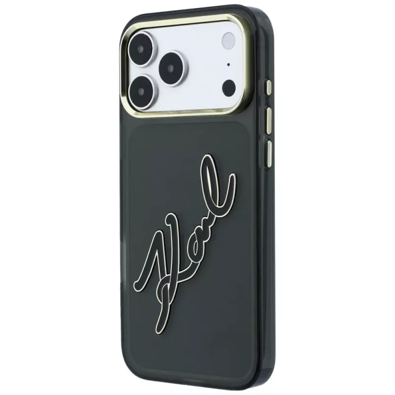 Karl Lagerfeld IML Big Signature Resin Metal Frame apvalks iPhone 18 Pro / 17 Pro, melns
