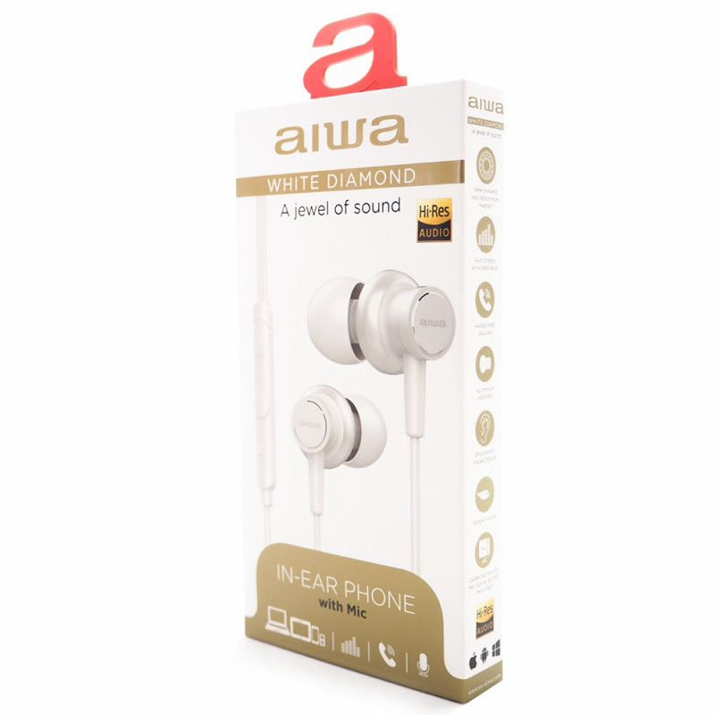 Aiwa ESTM-500W baltas ausīs ievietojamās austiņas ar mikrofonu, vadu, 3,5 mm pieslēgvieta