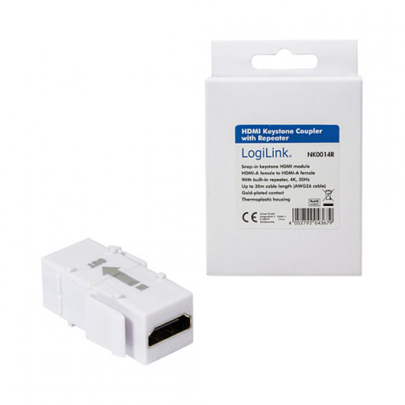 LogiLink NK0014R balts HDMI Keystone savienotājs A/F–A/F, 4K/30 Hz, ar atkārtotāju