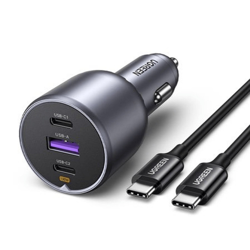 Ugreen EC705 auto lādētājs ar USB un 2x USB-C, 130 W, ar 1 m 5 A vadu