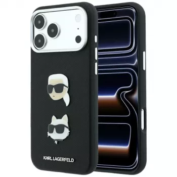 Karl Lagerfeld KF003250 tālruņa apvalks iPhone 18 Pro Max / 17 Pro Max, Saffiano with Karl & Choupette Heads Pins & Logo, melns