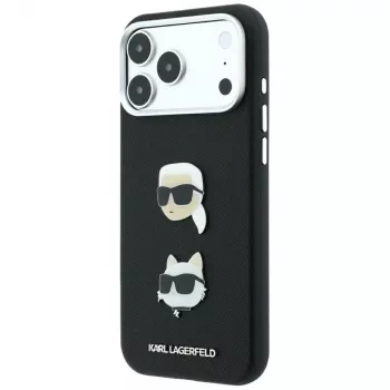 Karl Lagerfeld KF003250 tālruņa apvalks iPhone 18 Pro Max / 17 Pro Max, Saffiano with Karl & Choupette Heads Pins & Logo, melns