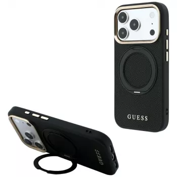 Guess GUE005670 tālruņa apvalks iPhone 18 Pro Max / 17 Pro Max, Ring Stand 360 Grained Classic Logo, MagSafe, melns