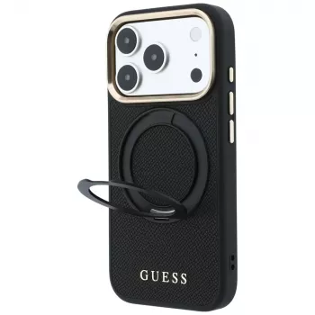 Guess GUE005670 tālruņa apvalks iPhone 18 Pro Max / 17 Pro Max, Ring Stand 360 Grained Classic Logo, MagSafe, melns