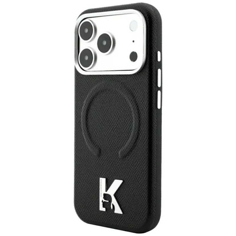 Karl Lagerfeld KF003257 Grained Embossed Ring & Kameo Logo MagSafe telefona vāciņš iPhone 18 Pro / 17 Pro, melns