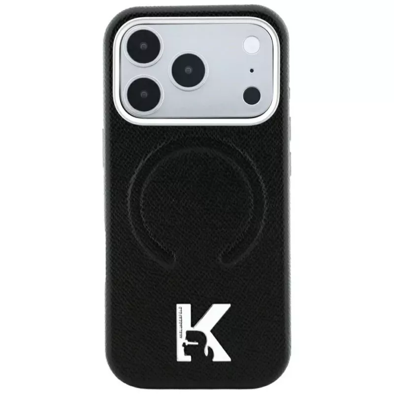 Karl Lagerfeld KF003257 Grained Embossed Ring & Kameo Logo MagSafe telefona vāciņš iPhone 18 Pro / 17 Pro, melns