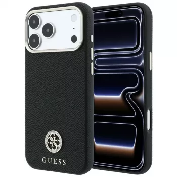 Guess GUE005533 Grained Round Strass Logo MagSafe telefona vāciņš iPhone 18 Pro / 17 Pro, melns