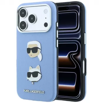 Karl Lagerfeld KF003247 Saffiano ar Karl & Choupette Heads Pins & Logo telefona vāciņš iPhone 18 Pro / 17 Pro, gaiši zilā krāsā