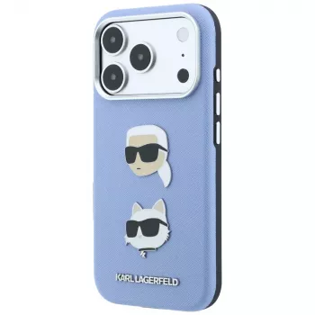 Karl Lagerfeld KF003247 Saffiano ar Karl & Choupette Heads Pins & Logo telefona vāciņš iPhone 18 Pro / 17 Pro, gaiši zilā krāsā