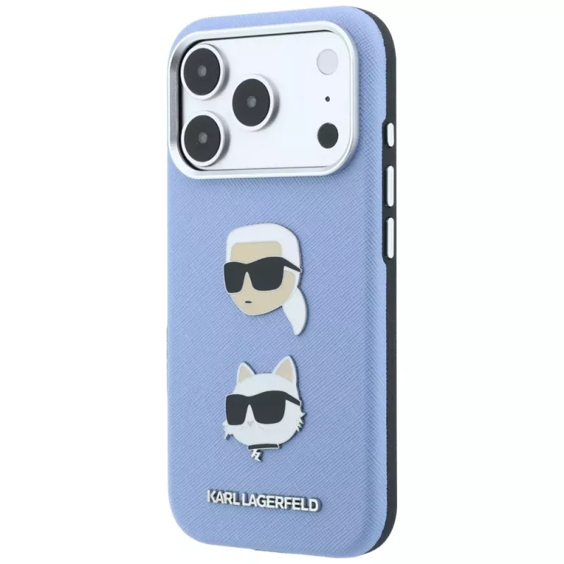 Karl Lagerfeld KF003247 Saffiano ar Karl & Choupette Heads Pins & Logo telefona vāciņš iPhone 18 Pro / 17 Pro, gaiši zilā krāsā
